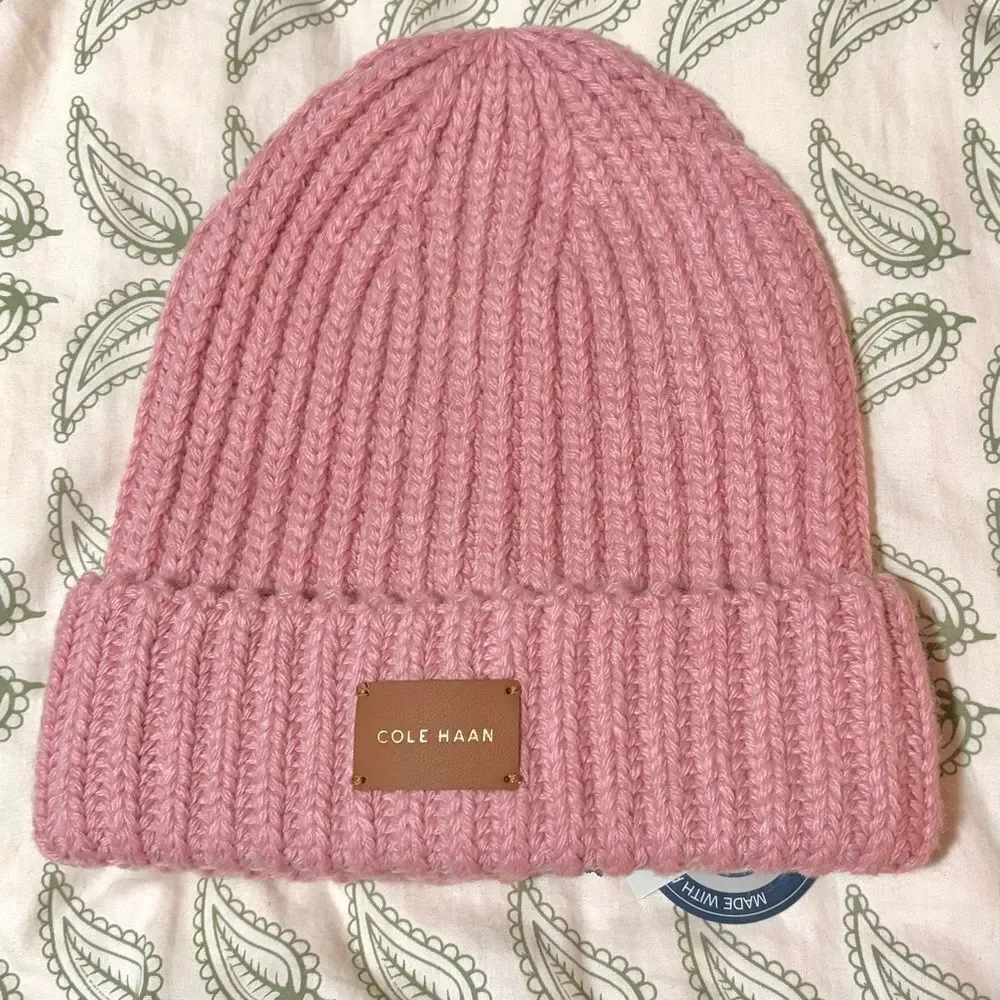 Cole Haan Logo Zephyr Pink Chunky Knit Cuffed Beanie Winter Hat OS